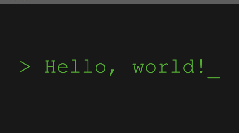 Terminal graphic displaying 'Hello, world' message